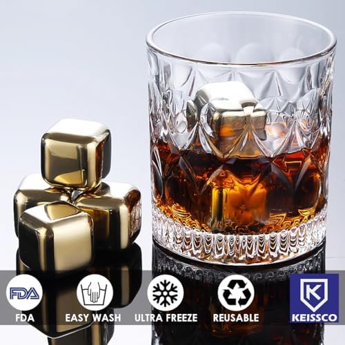 KEISSCO Stainless Steel Chilling Cubes Reusable Ice Cube Whiskey Stones for Drinks Beverage Jumbo Chilling Stones Set with Ice Tongs and Freezer Storage Tray for Whiskey, Gold Color Edition (8 Pack)