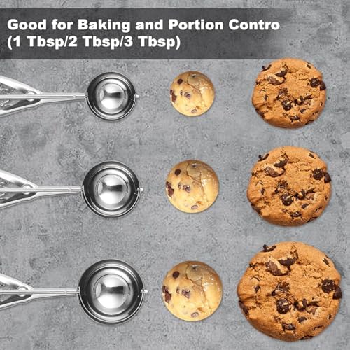 Cookie Scoop,Set of 3 Cookie Dough Scoops for Baking 1 Tbsp,2 Tbsp,3 Tbsp,Stainless Steel Ice Cream Scooper with Trigger Release for Cupcake,Ice Cream,Muffin,Meatball,Melonball (Pack of 2)