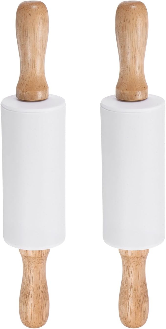 HARFINGTON 2pcs Silicone Rolling Pins for Baking 9.25 Inch Non-Stick Silicone Surface Wooden Handle Rolling Pin Small Roller Playdough Rolling Pins for Fondant Kitchen Dough Pizza, White