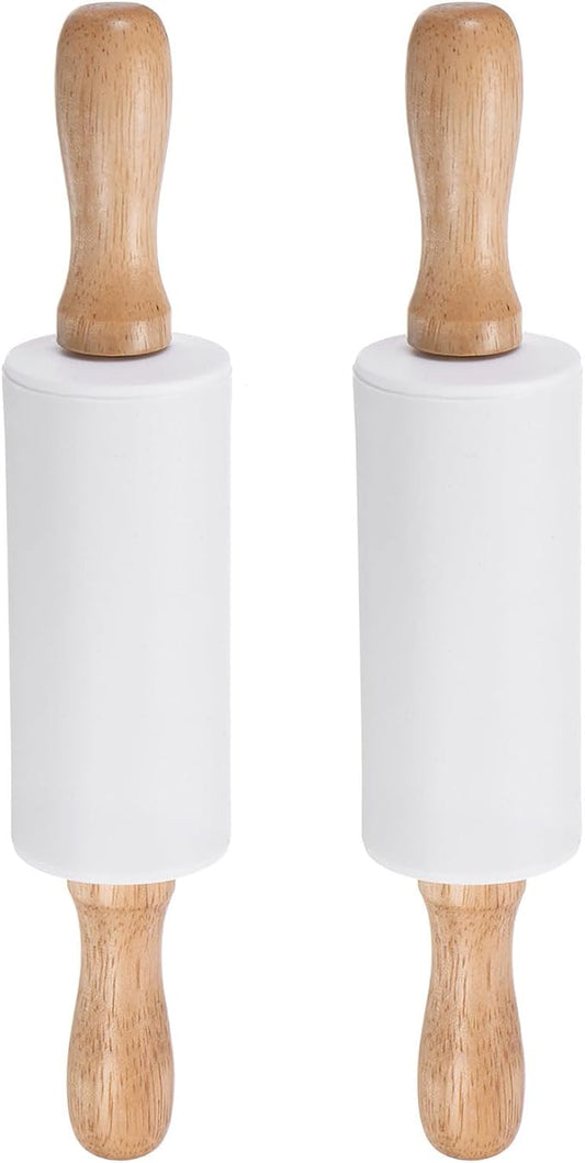 HARFINGTON 2pcs Silicone Rolling Pins for Baking 9.25 Inch Non-Stick Silicone Surface Wooden Handle Rolling Pin Small Roller Playdough Rolling Pins for Fondant Kitchen Dough Pizza, White