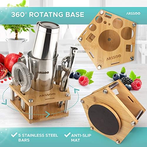 Bartender Kit: 18-Piece Stainless Steel Cocktail Shaker Set | Premium Professional Bar Tools with Rotating Bamboo Stand | Boston Shakers & Strainers (Julep, Mesh, Hawthorn) | ARSSOO Home Drink Mixing