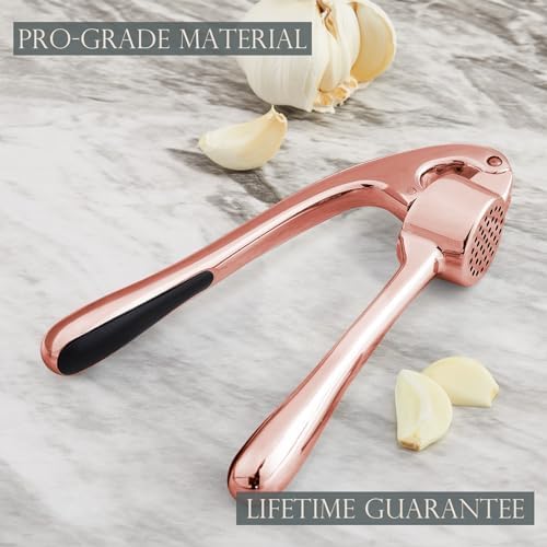 Kitessensu High Effective Premium Garlic Press Set, With Silicone Garlic Peeler & Brush, Heavy Duty Garlic Mincer, Easy to Squeeze and Clean, Rust Proof & Dishwasher Safe - Rose Gold