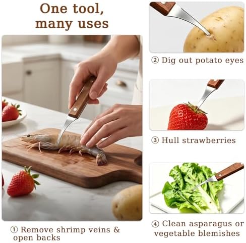Multifunctional Vegetable Peeler for Kitchen, with Straight & Y Peeler & Shrimp Deveiner, Stainless Steel Blade with Wooden Handle, for Vegetable Fruit Carrots Potato Cucumbers