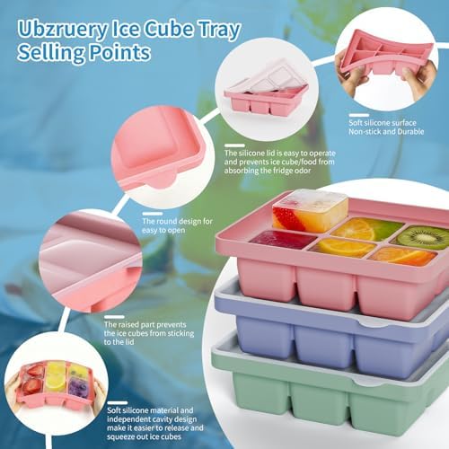 Large Silicone Ice Cube Tray Set of 3, Easy Release 6 Flexible Silicone Ice Cube Molds with Removable Lid, Reusable Freezer Stackable Ice Trays for Whiskey, No Floater, BPA Free