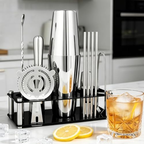 Professional Cocktail Shaker Set with Stand Cocktail Recipes, 15-Piece 750/600ml Bartender Kit, Bar Sets Bartending Kit Bar Tool Set 25/20oz Boston Shakers, Jigger, Muddler (Silver)