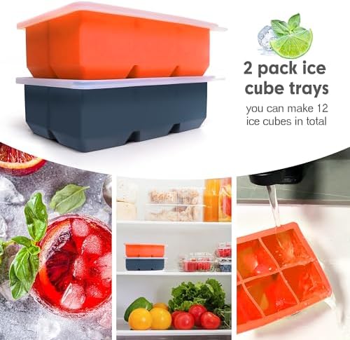 Excnorm Silicone Ice Cube Trays, 2‑Pack Large Square Molds with Lid