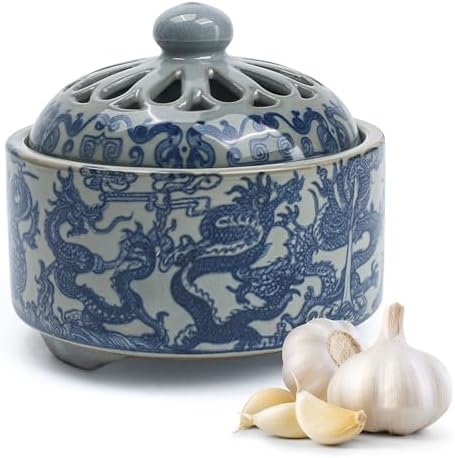 Marsrut Ceramic Garlic Keeper Crock with Lid, Porcelain Breathable Storage Bowl Jar Tank Holder, Small Container for Storing Garlic Chili for Counter Countertop Kitchen (Gray Blue)