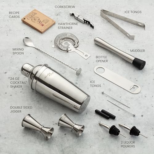 Mixology & Craft All-in-One Stainless Steel Cocktail Shaker Kit with 24 oz Cobbler Shaker, Includes Strainer, Muddler, Spoon, Jiggers, Pourers, Picks, Tongs, Bottle Opener - Gift-Ready Package Tube