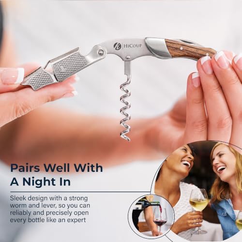 Hicoup Wine Opener - Professional Corkscrews for Wine Bottles w/Foil Cutter and Cap Remover - Manual Wine Key for Servers, Waiters, Bartenders and Home Use - Rosewood & Steel