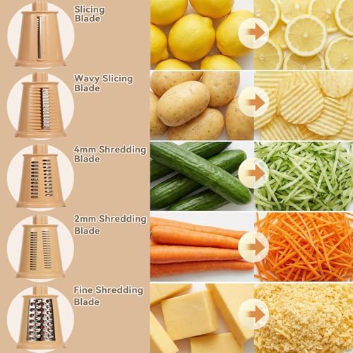 Upgrade Rotary Cheese Grater Shredder with Handle, Strong Suction Base, Multi-purpose Rotary Grater Slicer with 5 Interchangeable Blades for Ice, Vegetables, Fruit, Nuts with Blade Storage Box