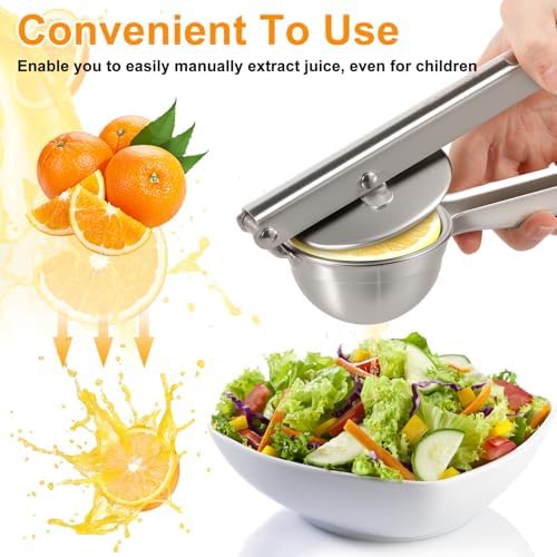 Stainless Steel Lemon Squeezer, Manual Hand Press Juicer with Ergonomic Handle, Garlic Press, Rust Proof Fruits Extractor for Citrus Orange Pomegranates Grapes Lemon Lime
