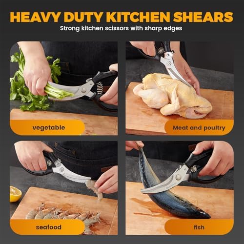 Poultry Shears, Heavy Duty Poultry Scissors & Chicken Shears for Easier Spatchcock, Cutting Chicken Bones, Meat, Turkey, Fish & Herbs. Spring-Loaded, Safety Lock & Dishwasher Safe
