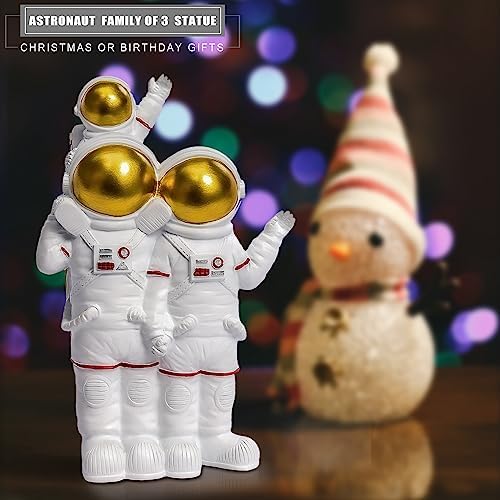 Astronaut Family of 3 Figurines Statues, White/Gold Parents and Child Resin Spaceman Sculpture Space Lovers Gifts for Space Themed Bedroom Bookshelf Desktop Home Office Decor