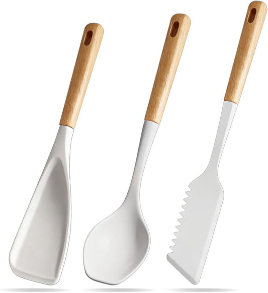 Silicone Spatula Set of 3 with Wood Handle, Multifunction Spoon for Nonstick Cookware, Heat Resistant Cooking Spoons and Scraper for Mixing, Scoop and Scrape (White)