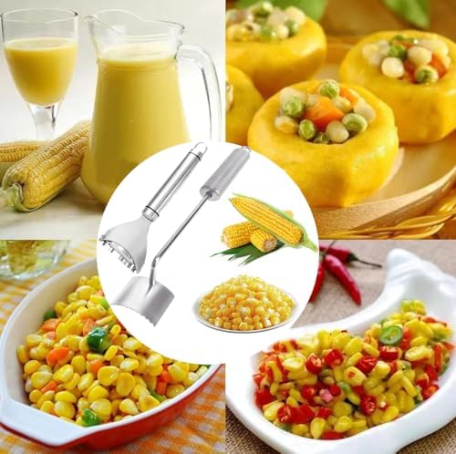 Corn Peeler For Corn On The Cob，2025 Upgrade Sawtooth Corn Cob Stripper Tool ，Ergonomic Design Ideal Tool For Long Handle Stainless Steel Corn On the Cob Stripper Tool (Silver, 1pack+1peeler)