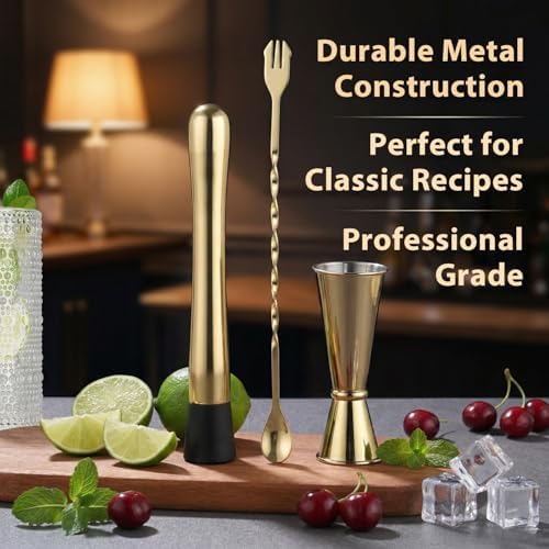 Gold Muddler for Cocktails, 10 Inches Bar Spoon, 1 oz 2 oz Double Jigger- Premium 3 Piece Gold Mixing Tools Set for Drinks
