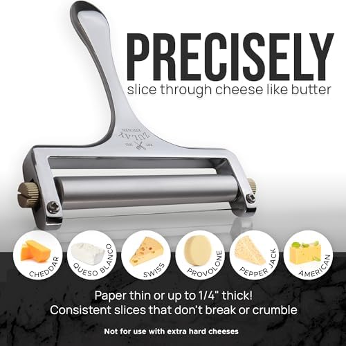 Zulay Kitchen Stainless Steel Wire Cheese Slicer - Adjustable Hand Held Cheese Cutter with 2 Extra Wires - Premium Cheese Shaver For Mozzarella, Cheddar, Gruyere - Cheese Cutter with Wire (Gunmetal)