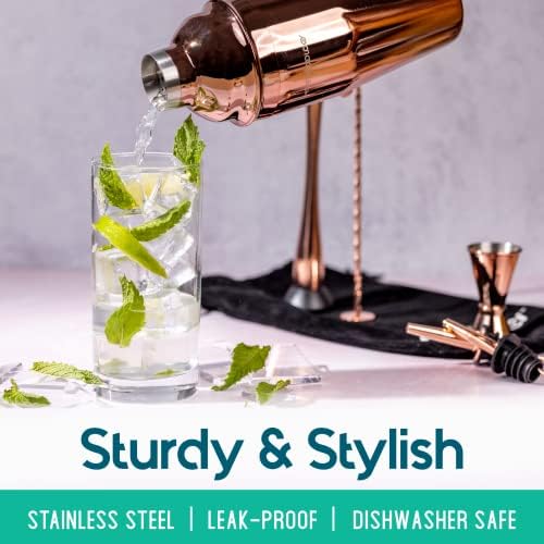 Modern Mixology 8-Piece Cocktail Shaker Set with Velvet Bag | Complete Kit for Bartenders | Includes Shaker with Strainer, Jigger, Muddler, Spoon, Pourers | Travel Bar Essentials (Copper)