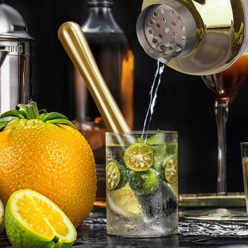 Cocktail Shaker Set 17oz, Gold Glass Martini Shaker with Strainer & Lid, Durable Bar Tools for Home Bartenders, Gift Box Included