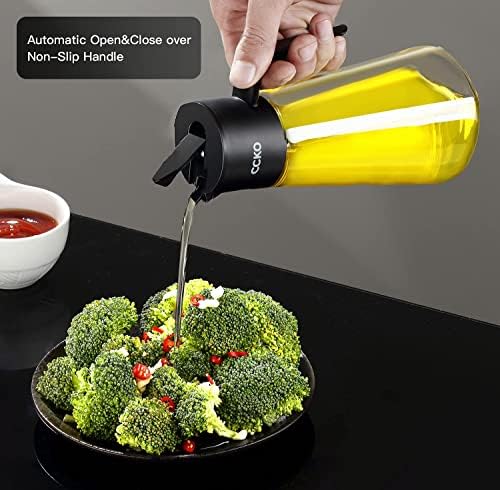 CCKO Glass Olive Oil Dispenser Bottle 19oz Olive Oil Bottle for Kitchen, Auto Flip Drip Free Cooking Oil Dispenser for Soy Sauce, Syrup, Vinegar, Salad Dressing Container (White)