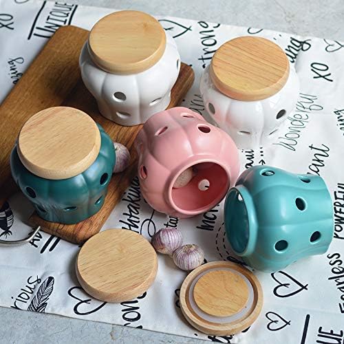 Sizikato Blue Matte Ceramic Garlic Keeper Ginger Holder with Bamboo Lid.