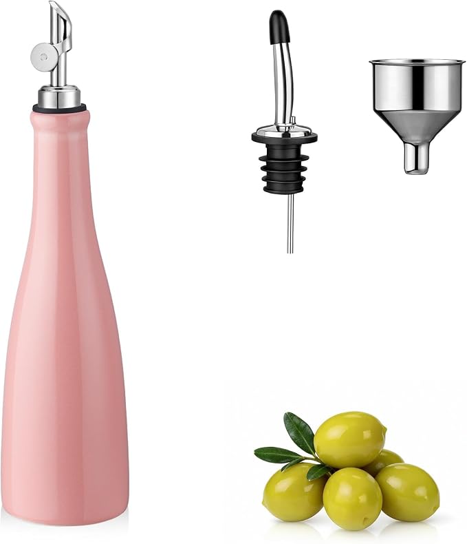 YOLIFE Olive Oil Dispenser Bottle, 15oz Ceramic Oil Dispenser for Kitchen | Oil Bottle with Gravity Spout, Leak Proof EVOO Dispensing Bottle with 2 Spouts and 1 Funnel for Vinegar, Juice(Red)