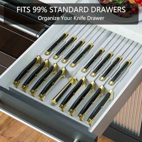 Domax Bamboo In-drawer Knife Block - Kitchen Knife Drawer Organizer Insert, Knife Holder without Knives Large, Drawer Knife Organizer Fits for 16 knives and 1 Sharpening Steel (Not Included), White