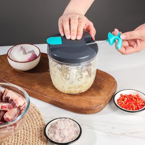 Portable Manual Food Processor Vegetable Chopper (900ml, Blue)