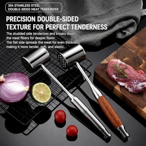 304 Stainless Steel Meat Tenderizer, Heavy Duty Dual-Sided Meat Mallet for Steak, Chicken, and Pork, Professional Poultry Pounder for Flattening and Flavoring