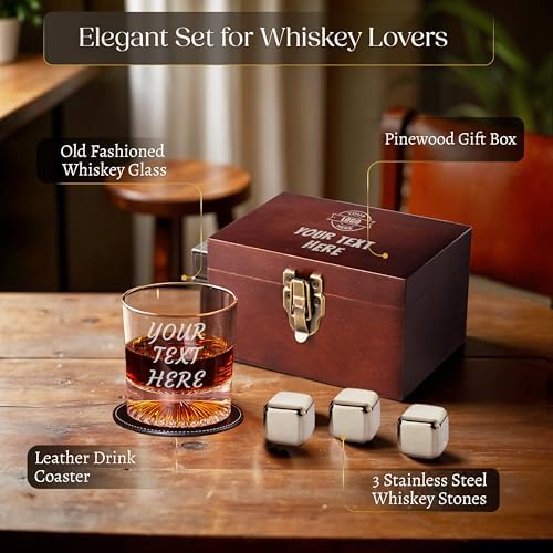 Custom Monogram Whiskey Gift Set Since Year Glass Wood Box for Men