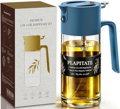 PLAPITATE 17oz/500ml Premium Olive Oil Sprayer for Cooking, 2 in 1 Glass Olive Oil Dispenser Bottle for Kitchen Gadgets, Spray Bottle with Portion Control for Salad, Frying, BBQ (Blue)