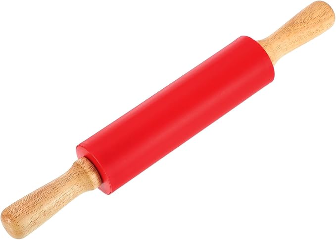 uxcell 7.5 Inch Silicone Rolling Pin, Small Dough Roller with Wood Handle for Pizza Pastry Fondant Kitchen, Red