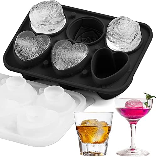 3 Rose & 3 Heart Shaped Ice Cube Tray, MEETRUE Silicone Ice Cube Tray with Clear Funnel-type Lid Novelty Rose Ice Cube Mold Ice Ball Maker Mold Ice Tray for Cocktails Whiskey Chilled Drinks,Black