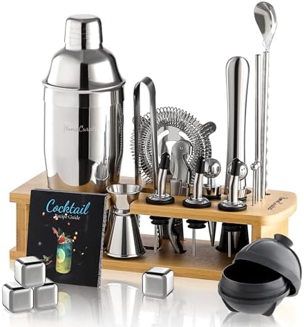Cocktail Shaker Set,24-Piece Bartender Kit – Complete Bartending Kit Bar Set with Stand,Drink Shaker & Mixer – Perfect Bar Accessories for Home Bar Set,Housewarming Gifts for Men & Women,Silver