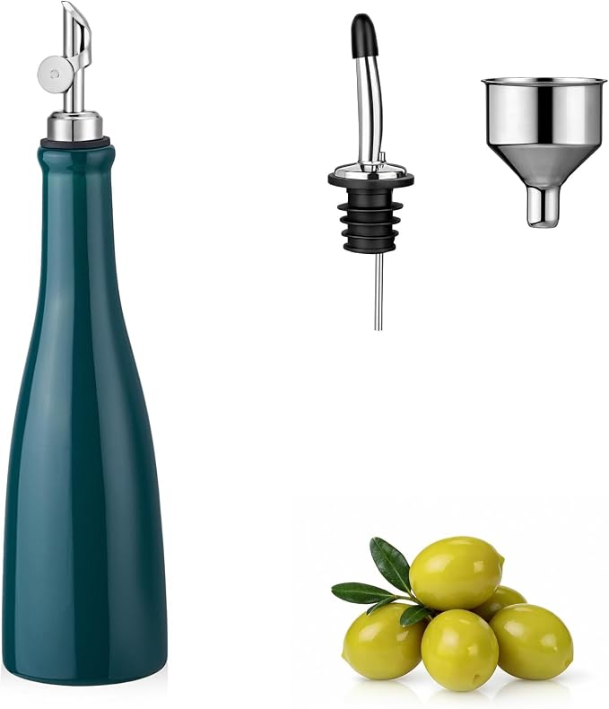 YOLIFE Olive Oil Dispenser Bottle, 15oz Ceramic Oil Dispenser for Kitchen | Oil Bottle with Gravity Spout, Leak Proof EVOO Dispensing Bottle with 2 Spouts and 1 Funnel for Vinegar, Juice(Green)