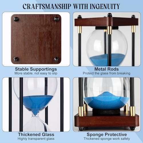 Large Sand Hourglass Timer, Vintage Wooden Sand Timer 60 Minutes, Glass Sand Clock Minutes with Wooden End Caps, Sand Timers for Games Classroom Home Office Kitchen Use (Blue Sand)
