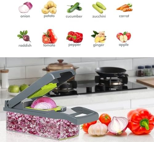Multi Functional Vegetable Chopper, nicer dicer, 16 in 1 professional vegetable and food slicer, and Vegetable Cutter, for Potatoes, Onions, Vegetable Chopper with Container and Basket