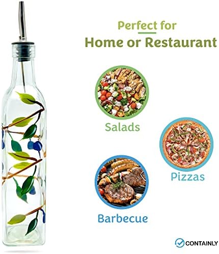 Glass Olive Branch Oil/Vinegar Glass Cruet for Kitchen, 16 oz Olive Oil Dispenser With Stainless Steel Spout for Easy Pouring