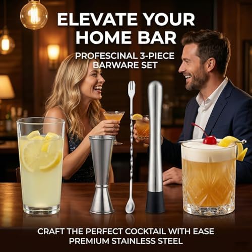 Muddler for Cocktails, 10 Inches Bar Spoon, 1 oz 2 oz Double Jigger- Premium 3 Piece Silver Mixing Tools Set for Drinks