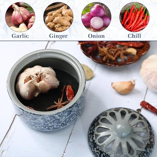 Garlic Keeper for Counter - Ceramic Garlic Storage with Breathable Lid, Countertop Holder, Jar, Pot, Cellar, Bowl, Saver, Container for Kitchen (4 inch)