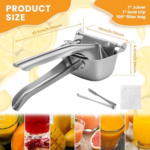 Orange Juice Squeezer Stainless Steel Manual Juicer Press, Citrus Press Juice Squeezer Handheld Lemon Press with 100 Strainer Bags and Food Clip Hand Press Citrus Juicer