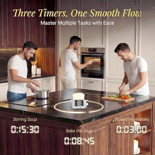 Digital Kitchen Timer for Cooking - 3-Channel Magnetic Countdown Timers with Memory Preset for Baking, Toaster, Eggs Includes Memo Notes (Silver)