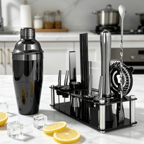 14-Piece Cocktail Shaker Set with Stand, Bartender Kit, 25oz Shakers, Bar Set Cocktail Shaker Set, Jigger for Bartending Kit, Drink Mixer Set, Cocktail Set Recipes Booklet Home, Bar, Party (Black)