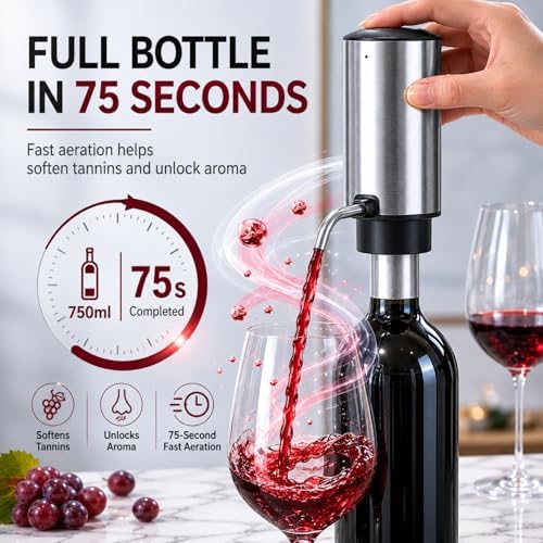 Rechargeable Electric Wine Aerator and Dispenser Set, Electric Wine Decanter with 2 Vacuum Wine Stoppers, Charging Base, Stainless Steel, Wine Pourer