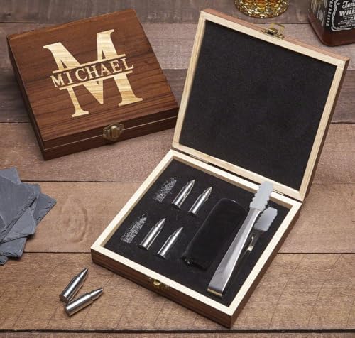 Bullet Whiskey Chilling Stones Gift Set - Whiskey Glasses and Wooden Box (Oakmont - Bullet Stones)
