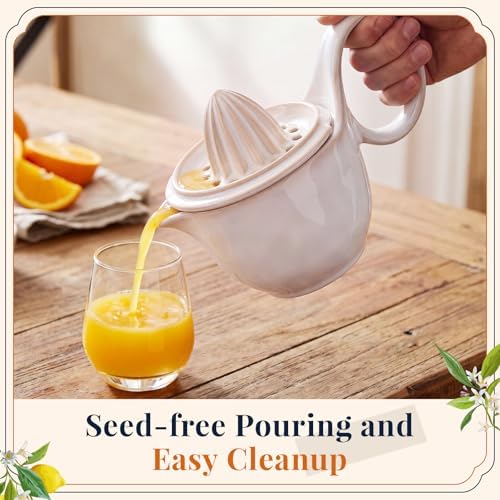 Sawysine Ceramic Lemon Squeezer Manual Citrus Juicer with Strainer Hand Press Lime Orange Reamer with 8.45 oz Cup Strainer Lid Spout Handle for Citrus Fruits Home Kitchen Bar(Stylish,White)