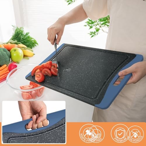 Extra Large Cutting Boards, Plastic Cutting Boards for Kitchen (Set of 3) Cutting Board Set Dishwasher Chopping Board with Juice Grooves Easy-Grip Handles, Prussian Blue, Empune