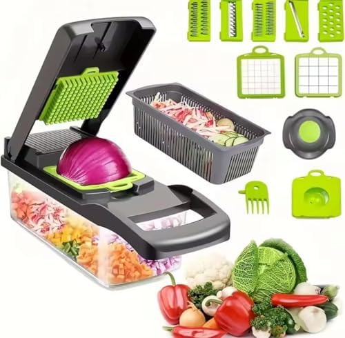 Veggie slicer 16 pieces (Gray, 1) 16 pieces hand operated vegetable slicer, veggie chopper, food chopper, onion cutter.