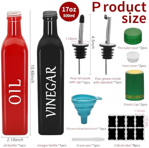 Olive Oil Dispenser Bottle,2 Pcs 17oz 500ml Glass O il and Vinegar Dispenser Set with 2 Stainless Steel Pourers, 8 Labels,Funnel Vinegar Bottles for Kitchen (Red Oil & Black Vinegar)