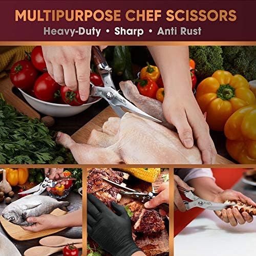 Heavy Duty Poultry Shears - Professional Stainless Steel Kitchen Scissors for Bone, Chicken, Meat, Fish & Vegetables - Spring Loaded (Brown Wood Handles)